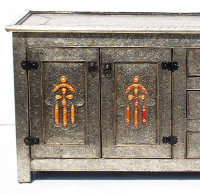 Hamsa Hand TV Cabinet, Moroccan Silver Metal Buffet, Handmade Furniture