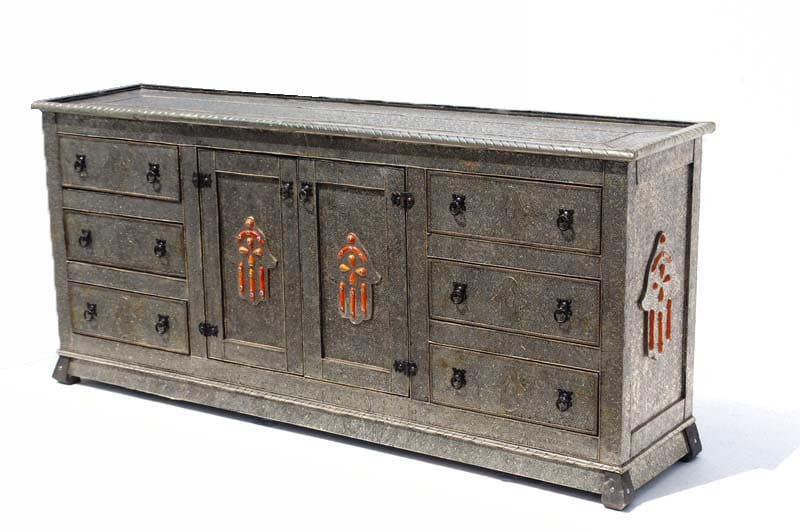 Handmade Moroccan Silver Metal Cabinet: Hamsa Hand Dresser, Solid Wood
