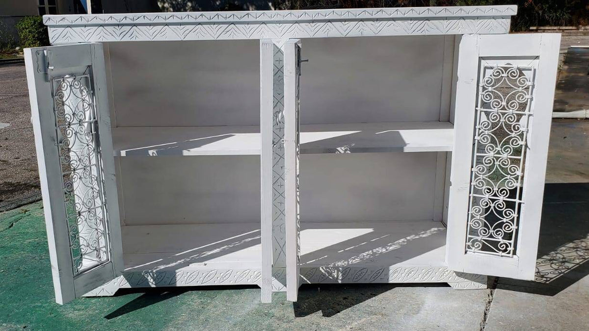 Handmade White Moorish Cabinet: Carved Wood & Wrought Iron