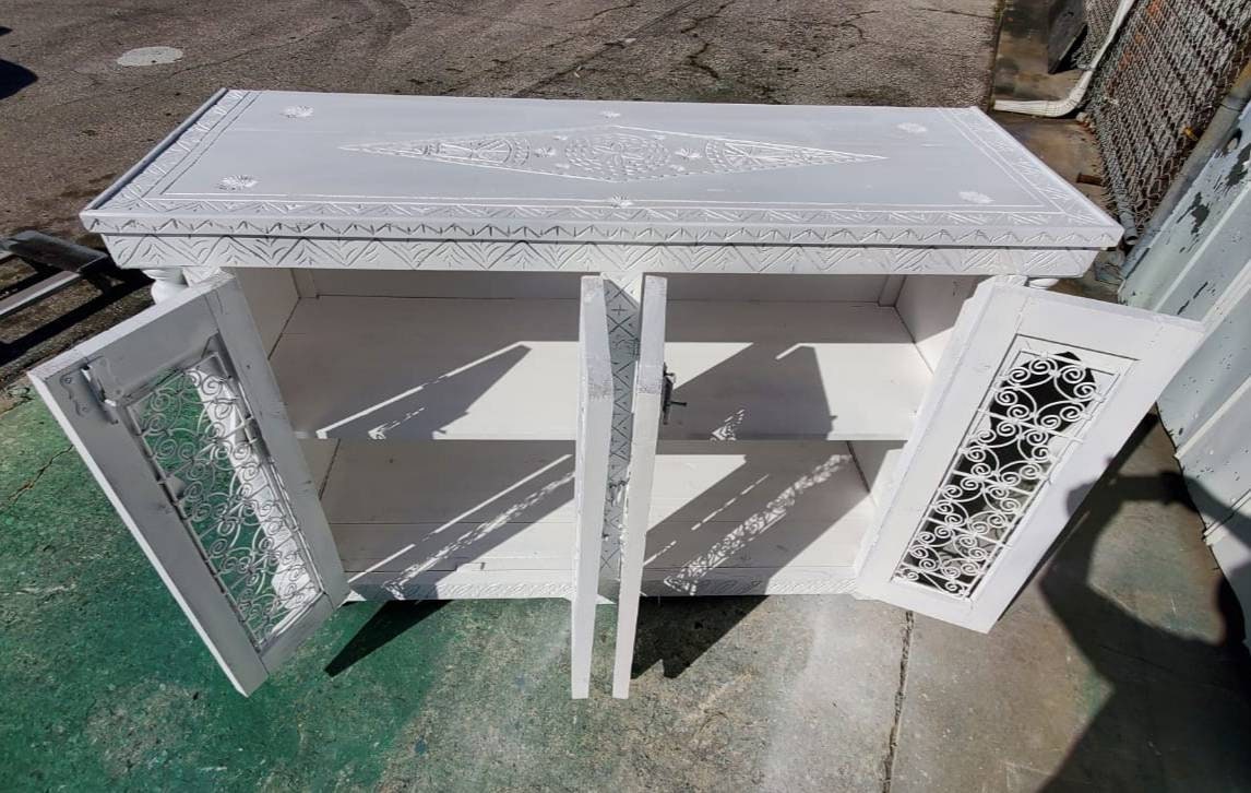 Handmade White Moorish Cabinet: Carved Wood & Wrought Iron