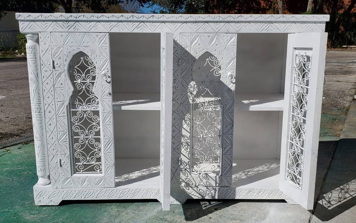 Handmade White Moorish Cabinet: Carved Wood & Wrought Iron