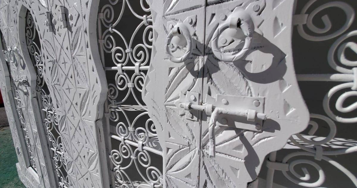 Handmade White Moorish Cabinet: Carved Wood & Wrought Iron
