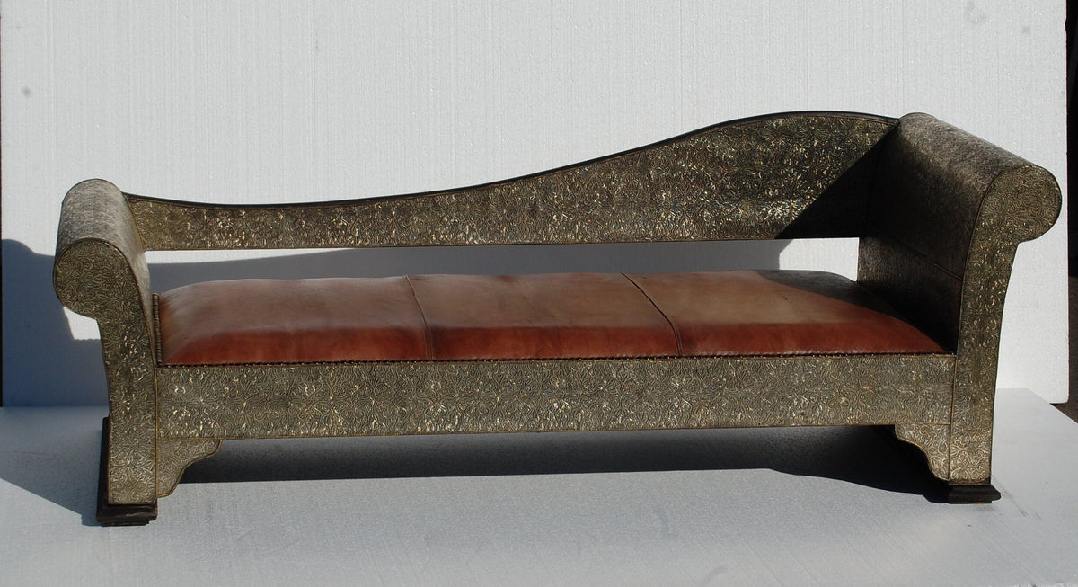 Handmade Moroccan Leather Bench, Silver Metal Inlay, One-of-a-Kind
