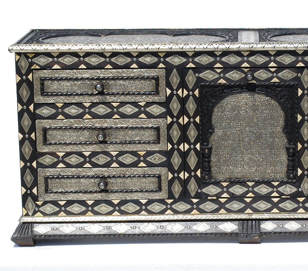 Moroccan Handmade Silver Metal Cabinet with Drawers - Eclectic Buffet Furniture