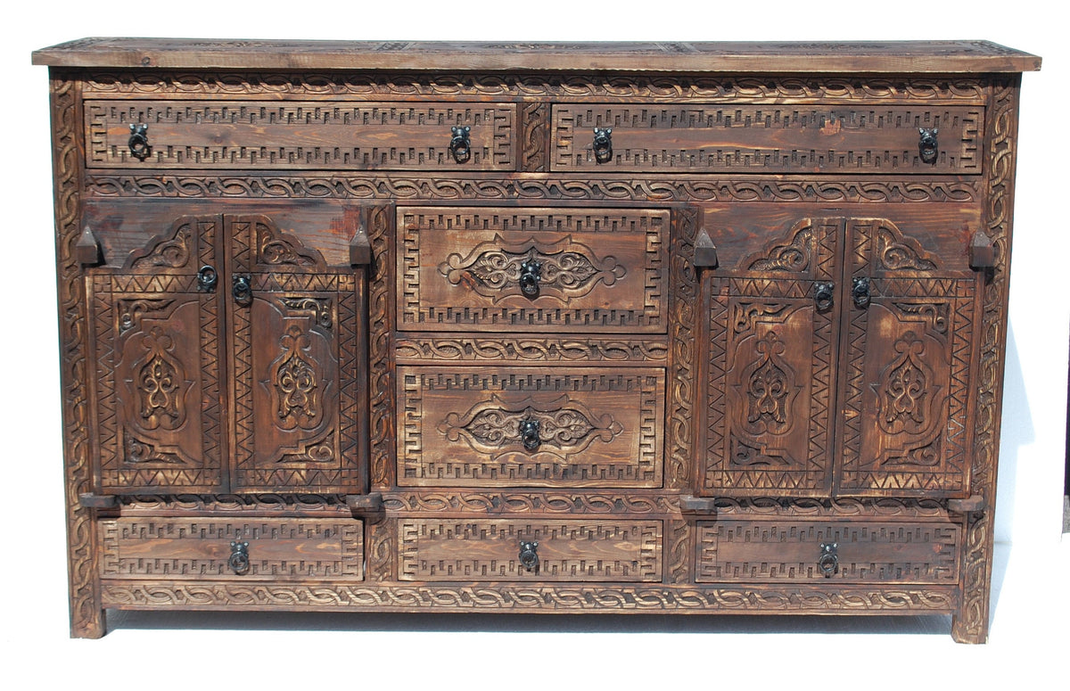 Handmade Moroccan Carved Wood Credenza: Rustic Moorish Dresser