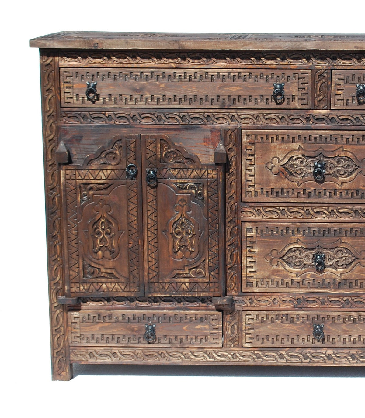 Handmade Moroccan Carved Wood Credenza: Rustic Moorish Dresser
