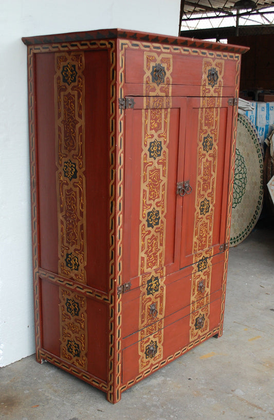 Vintage Hand-Painted Moroccan Armoire, Moorish Red Bedroom Furniture