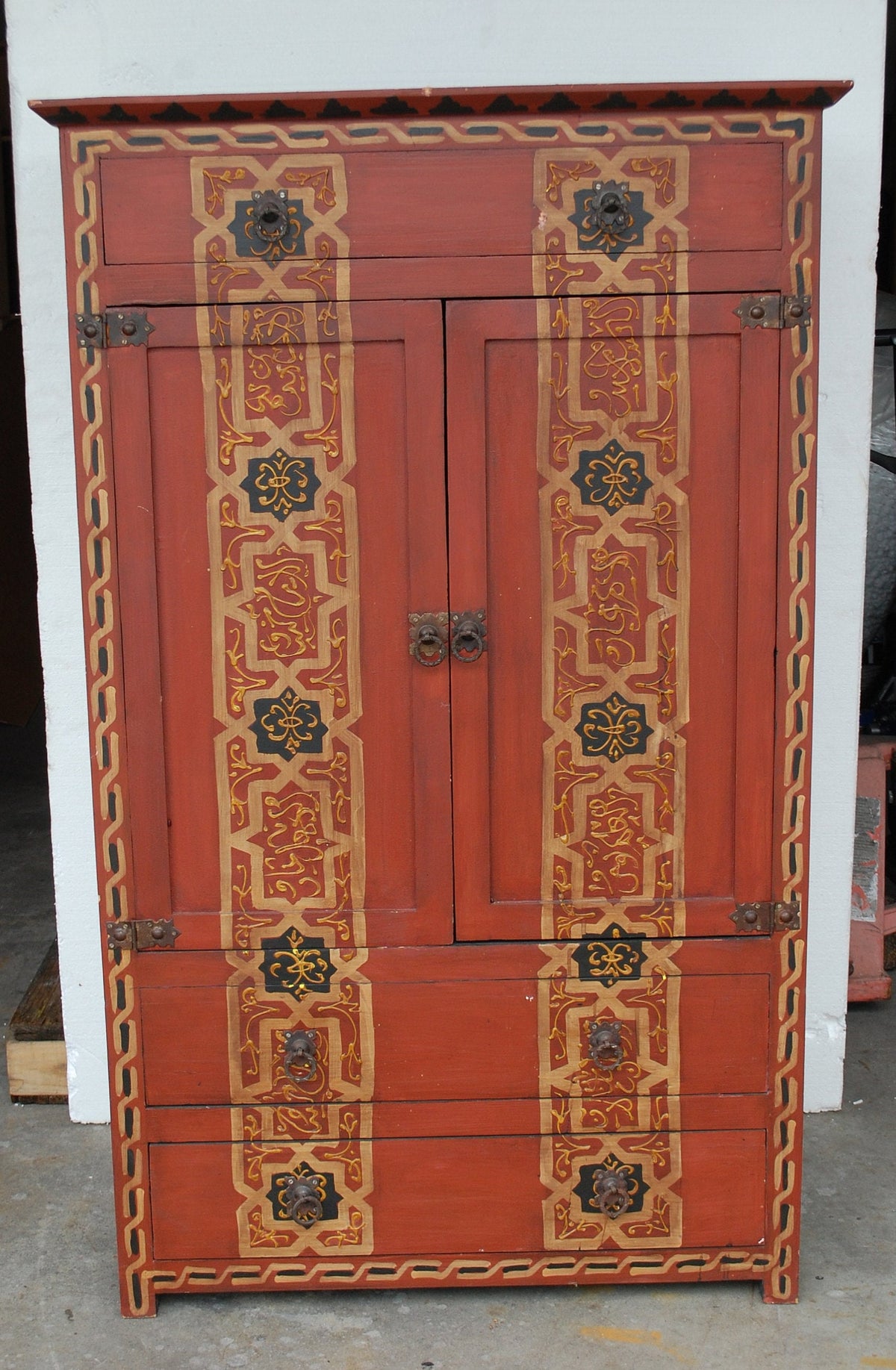 Vintage Hand-Painted Moroccan Armoire, Moorish Red Bedroom Furniture