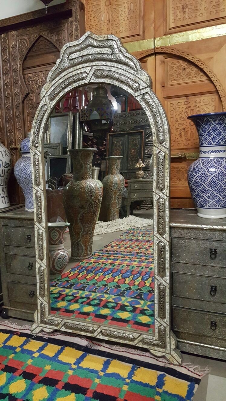 Vintage Moroccan Bone Inlay Mirror, Handmade Berber Design