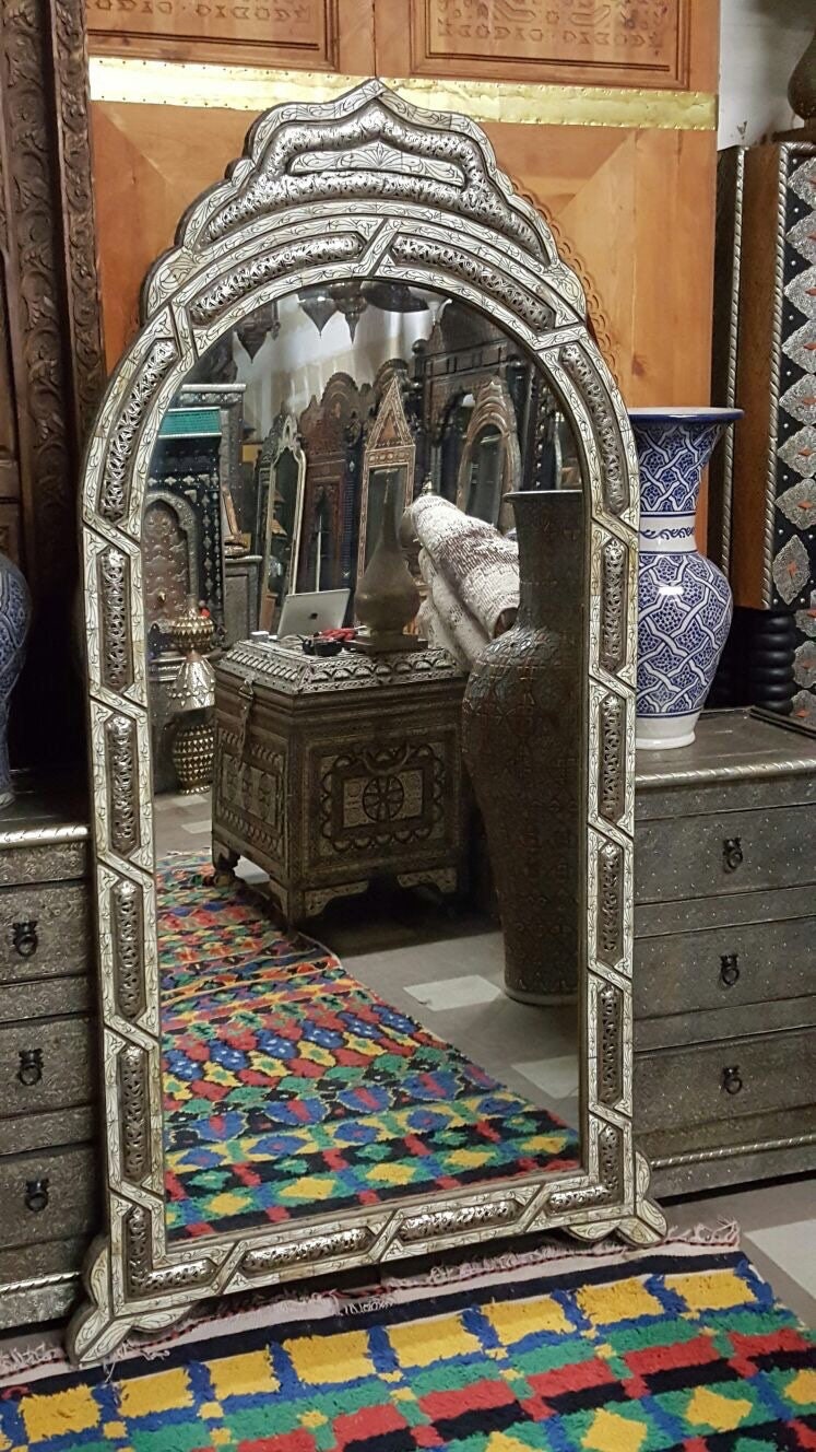Vintage Moroccan Bone Inlay Mirror, Handmade Berber Design