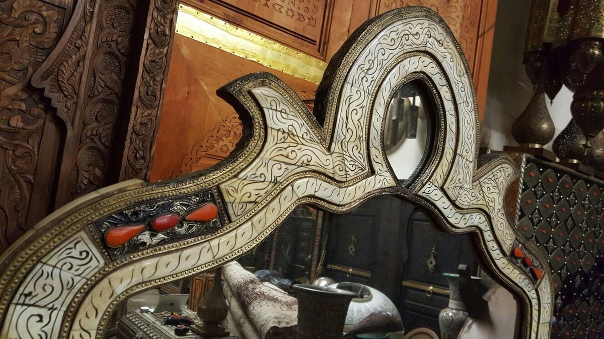 Vintage Moroccan Inlay Mirror: Handmade Camel Bone & Berber Design, 75.5"