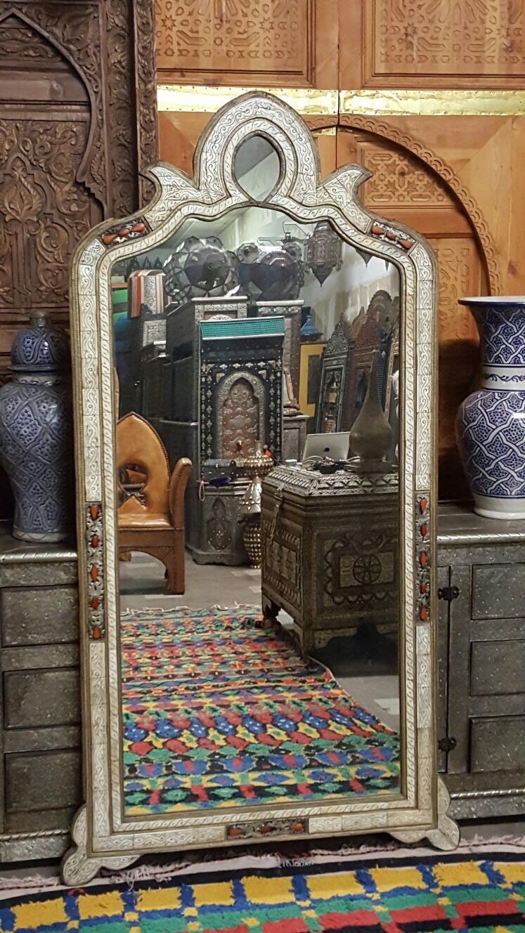 Vintage Moroccan Inlay Mirror: Handmade Camel Bone & Berber Design, 75.5"