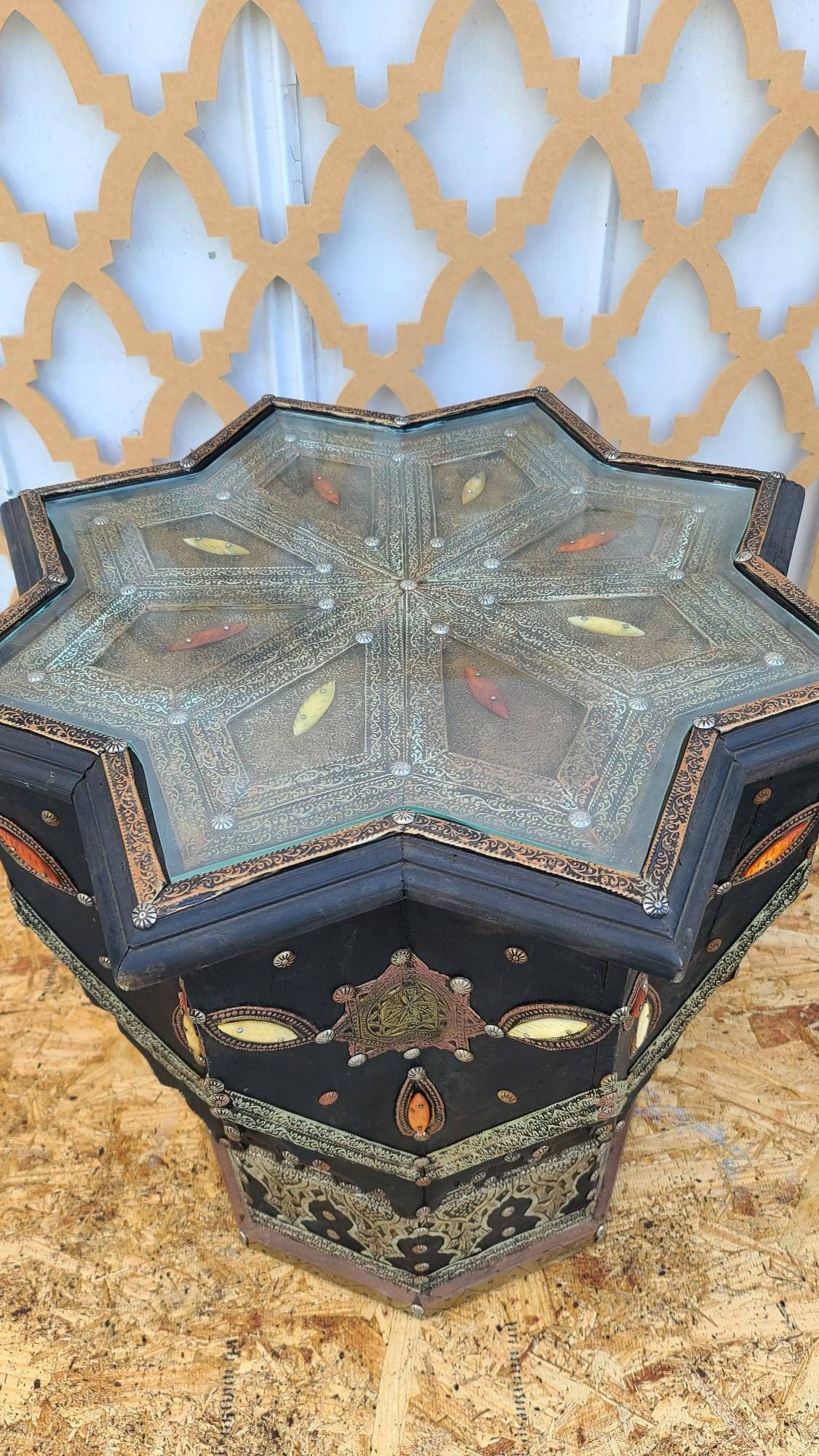 Vintage Star Bone Inlay Table, Moroccan Silver Metal Embellished