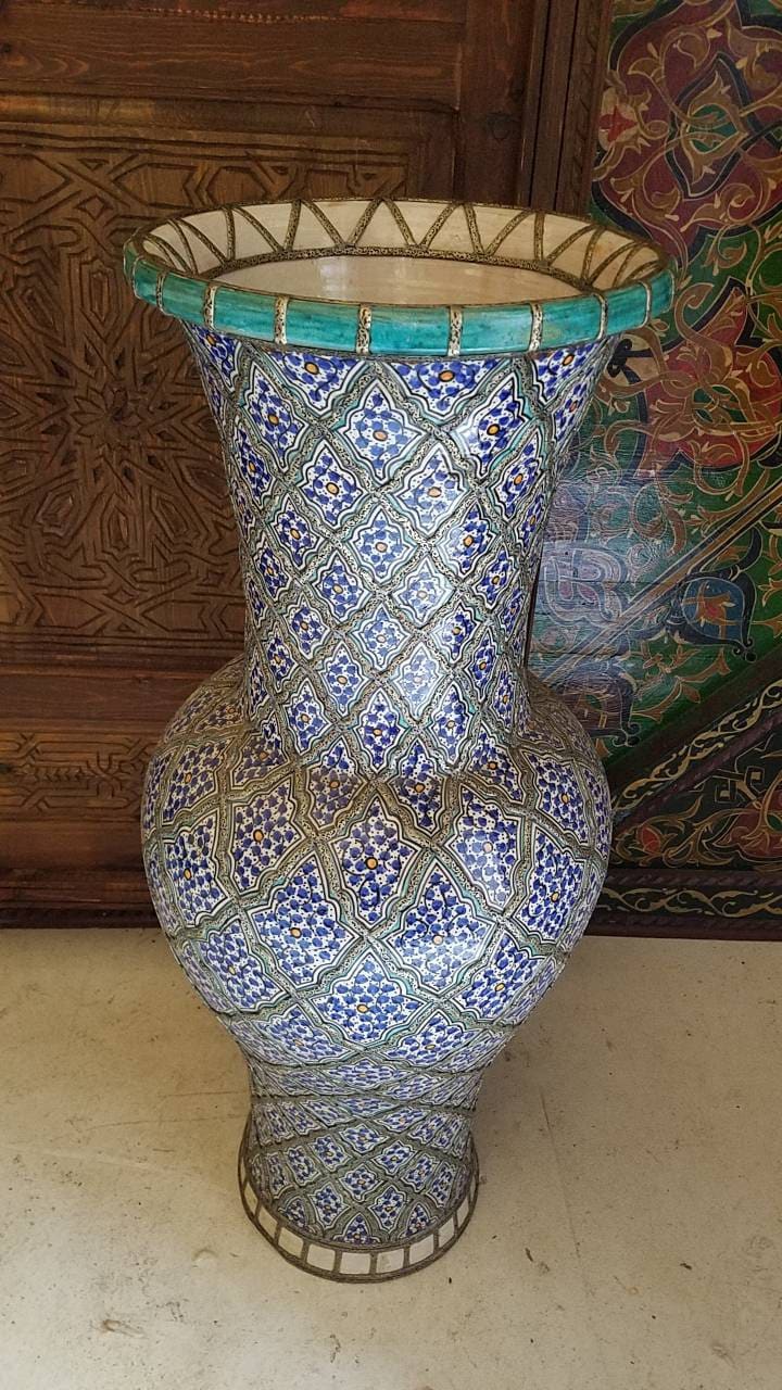 Hand Carved Vintage Moroccan Vase, Hand Painted Pottery, Metal Accents (38.5x14.5")