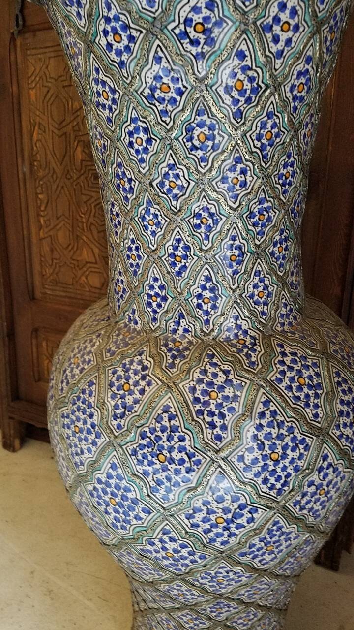 Hand Carved Vintage Moroccan Vase, Hand Painted Pottery, Metal Accents (38.5x14.5")