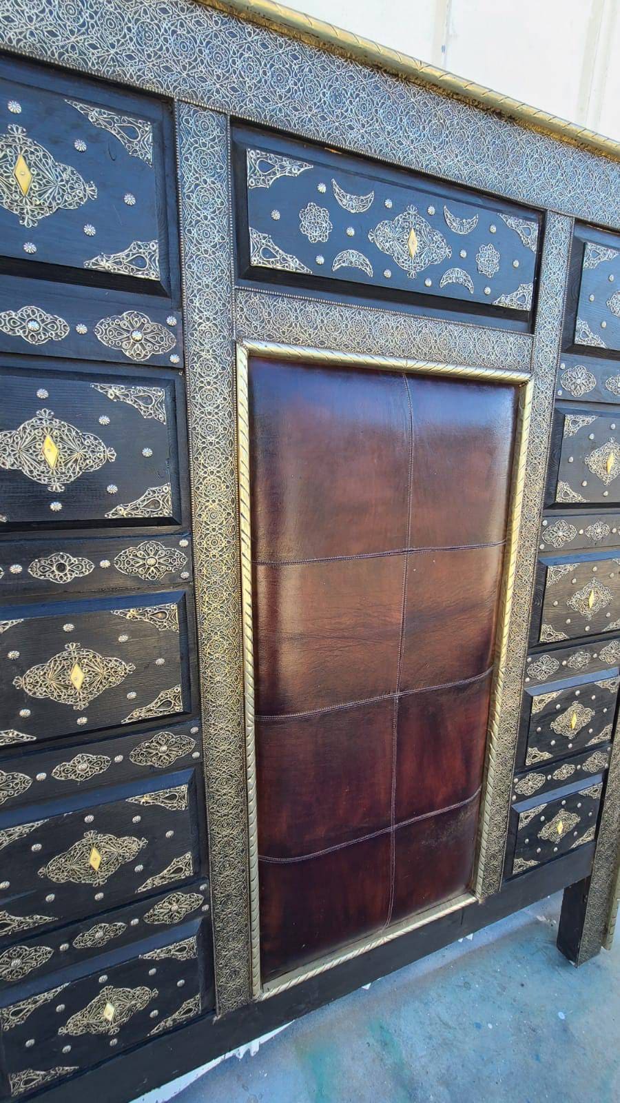 Handmade Leather Moroccan Bed with Silver Metal Artwork