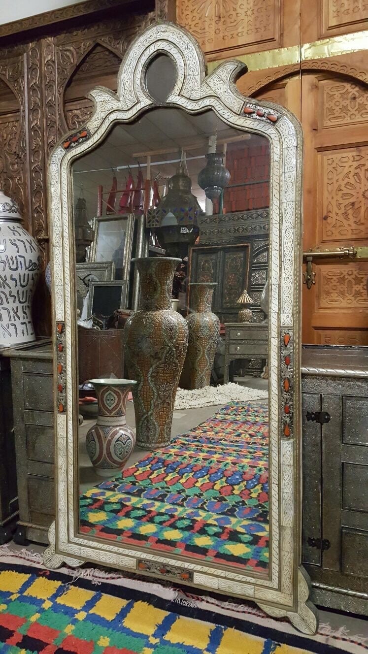 Vintage Moroccan Inlay Mirror: Handmade Camel Bone & Berber Design, 75.5"