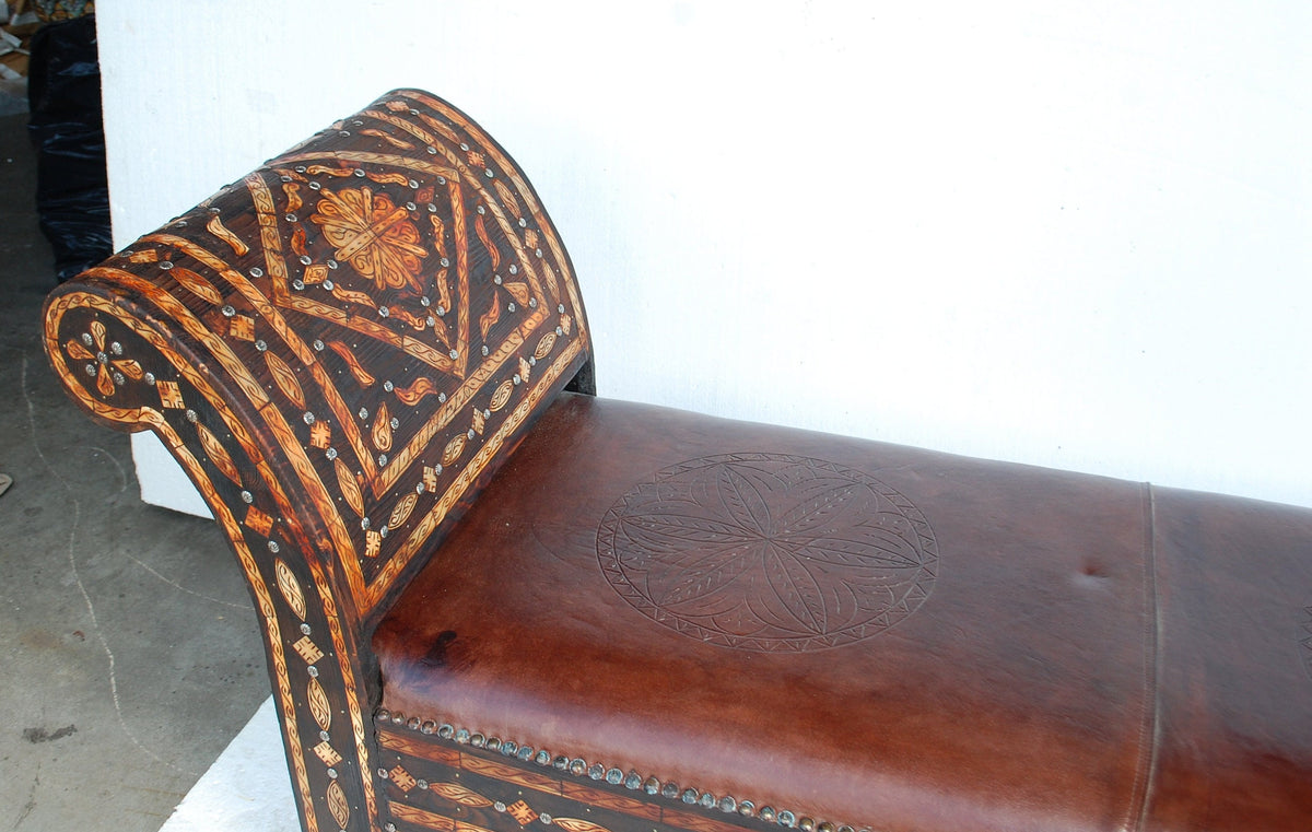 Vintage Moroccan Leather Bench, Orange Bone Inlay, One-of-a-Kind Sofa