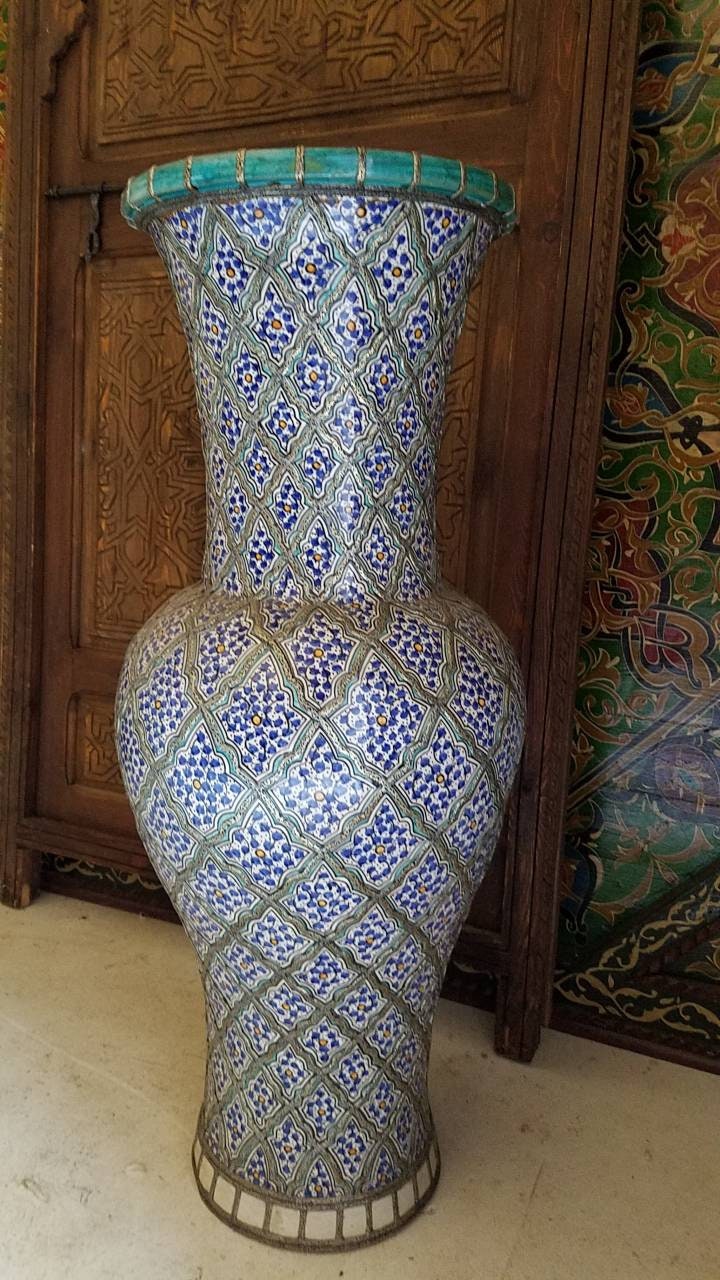 Hand Carved Vintage Moroccan Vase, Hand Painted Pottery, Metal Accents (38.5x14.5")