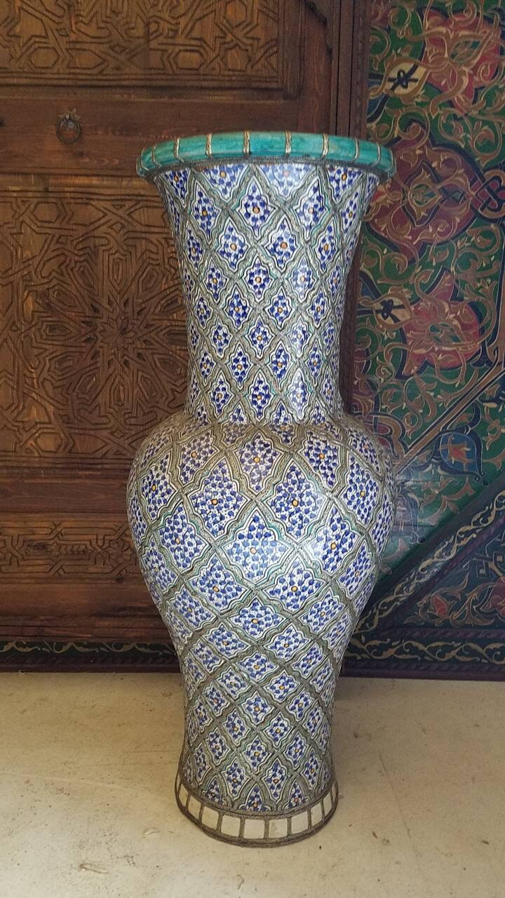 Hand Carved Vintage Moroccan Vase, Hand Painted Pottery, Metal Accents (38.5x14.5")
