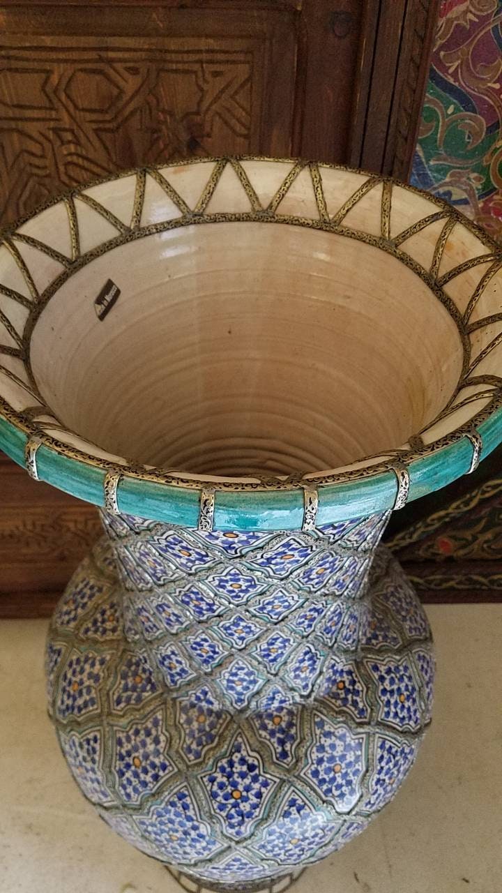 Hand Carved Vintage Moroccan Vase, Hand Painted Pottery, Metal Accents (38.5x14.5")