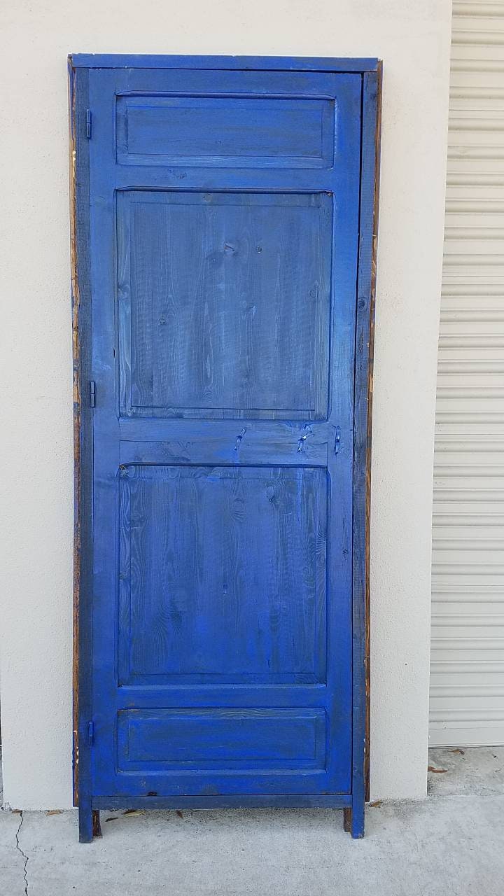 Handmade Blue Moroccan Door: Geometric Carved Wood, 79" x 32.5"