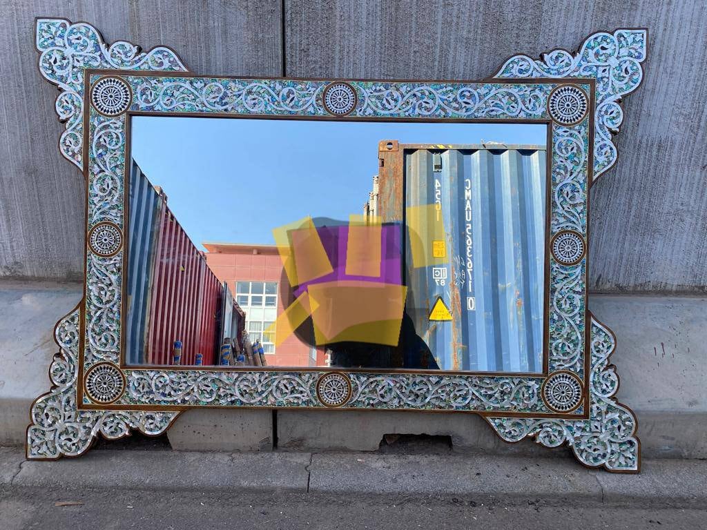 Large Vintage Syrian Mirror: Green Abalone, Mother of Pearl Inlay (85x62")