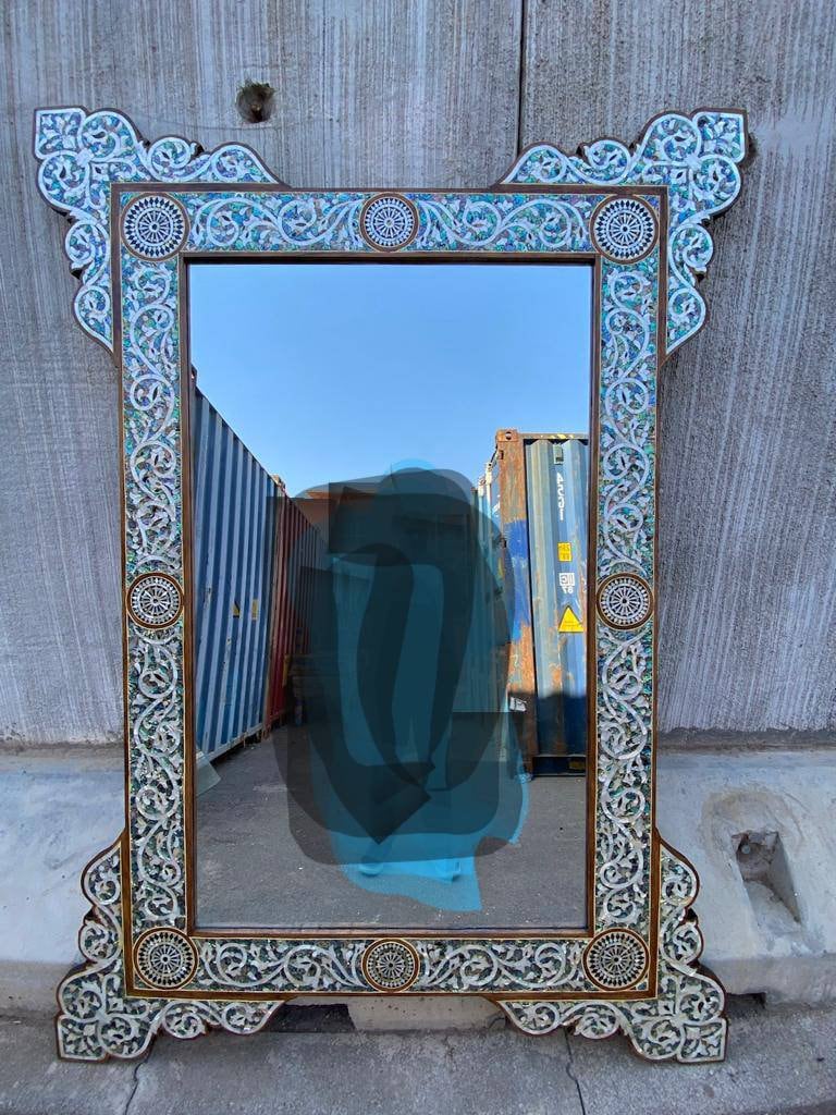 Large Vintage Syrian Mirror: Green Abalone, Mother of Pearl Inlay (85x62")
