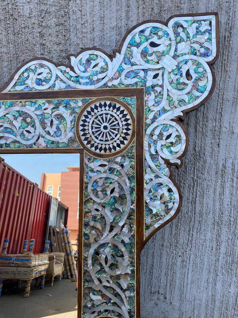Large Vintage Syrian Mirror: Green Abalone, Mother of Pearl Inlay (85x62")
