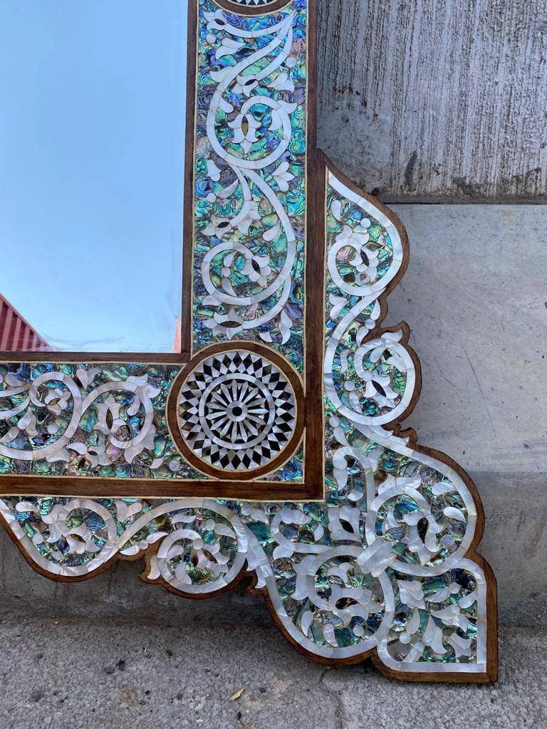 Large Vintage Syrian Mirror: Green Abalone, Mother of Pearl Inlay (85x62")