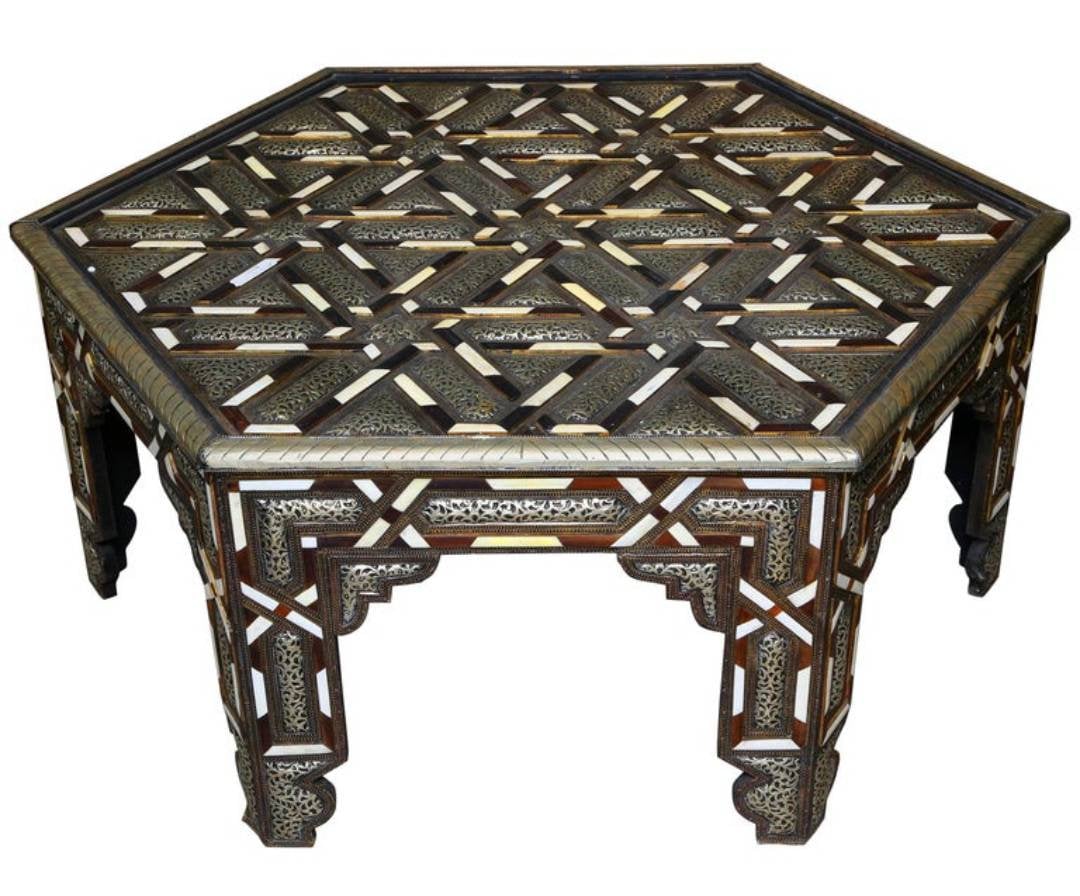 Vintage Moroccan Inlay Table: Bone & Silver, Geometric Artwork