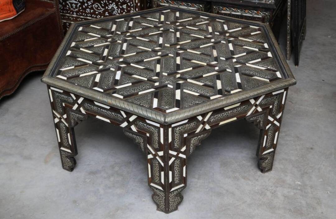 Vintage Moroccan Inlay Table: Bone & Silver, Geometric Artwork