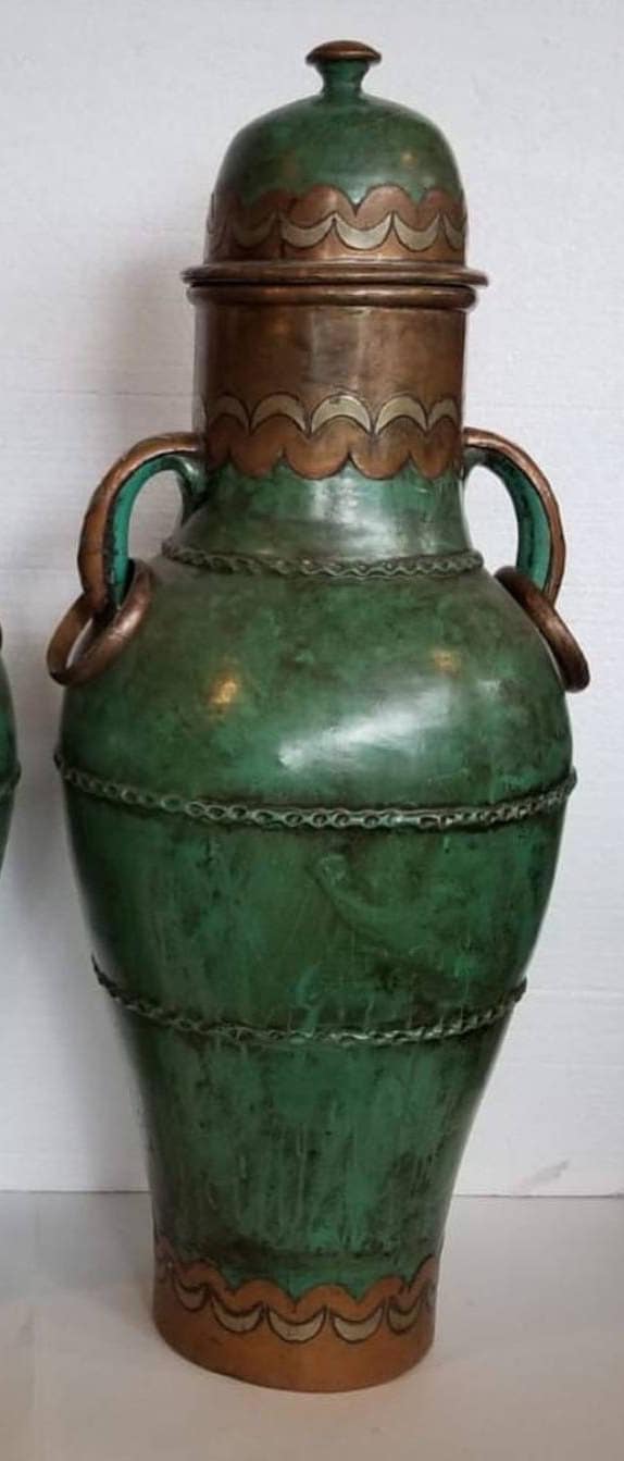 Vintage Moroccan Brass Vase Set, Hand Carved Pottery