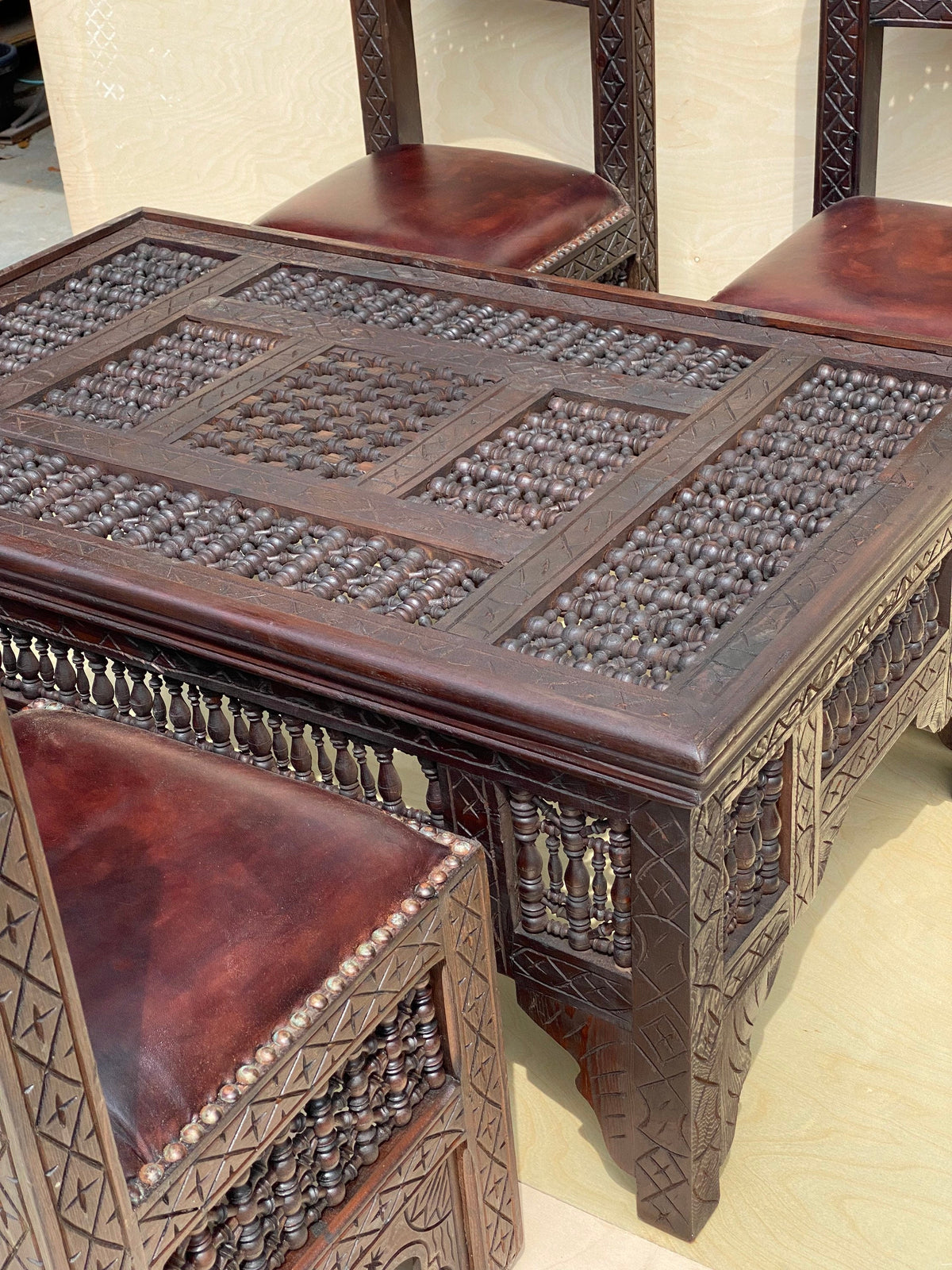 Vintage Moroccan Mousharabia Living Room Set: Wood, Leather, 5-Piece
