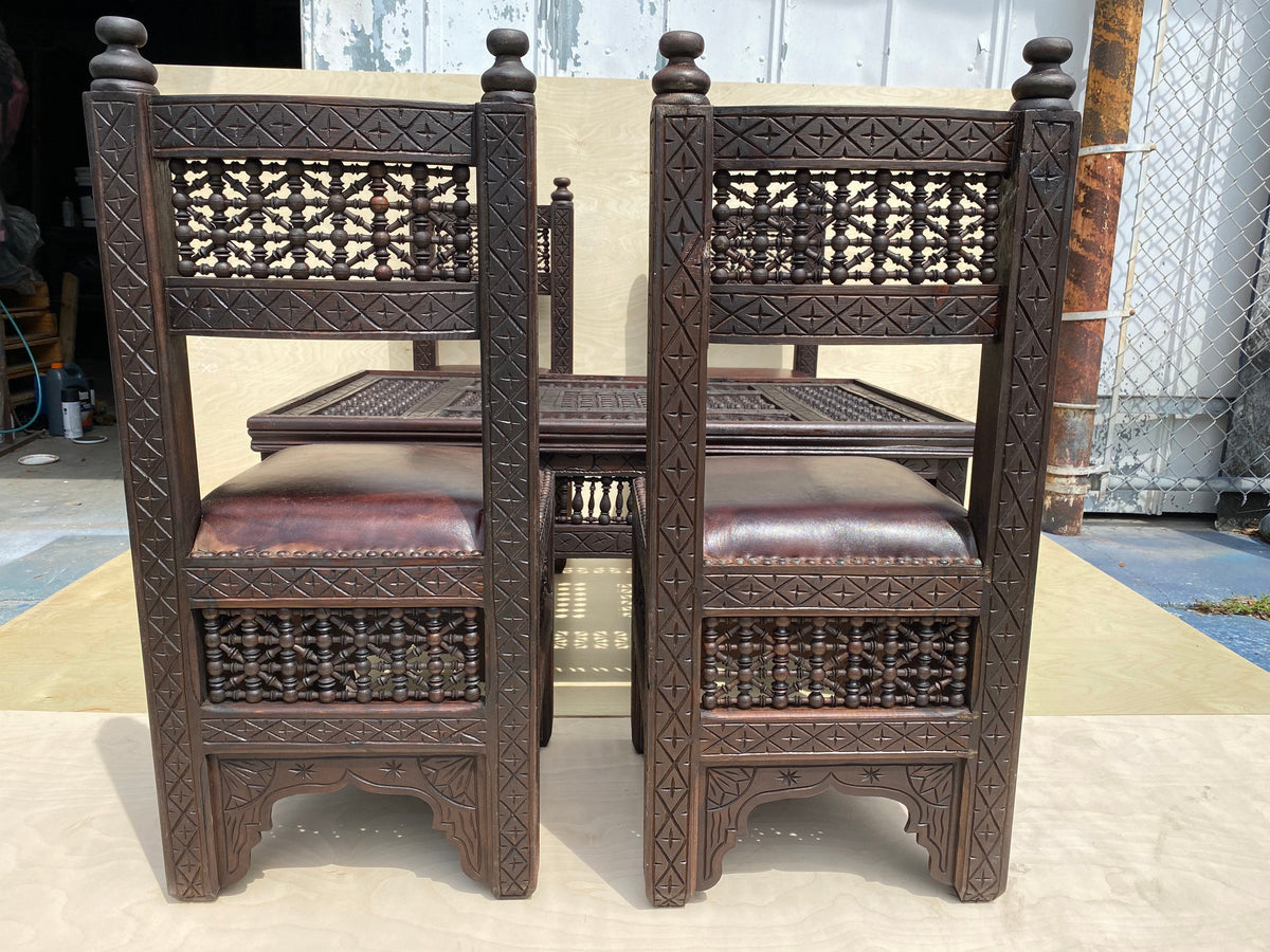 Vintage Moroccan Mousharabia Living Room Set: Wood, Leather, 5-Piece