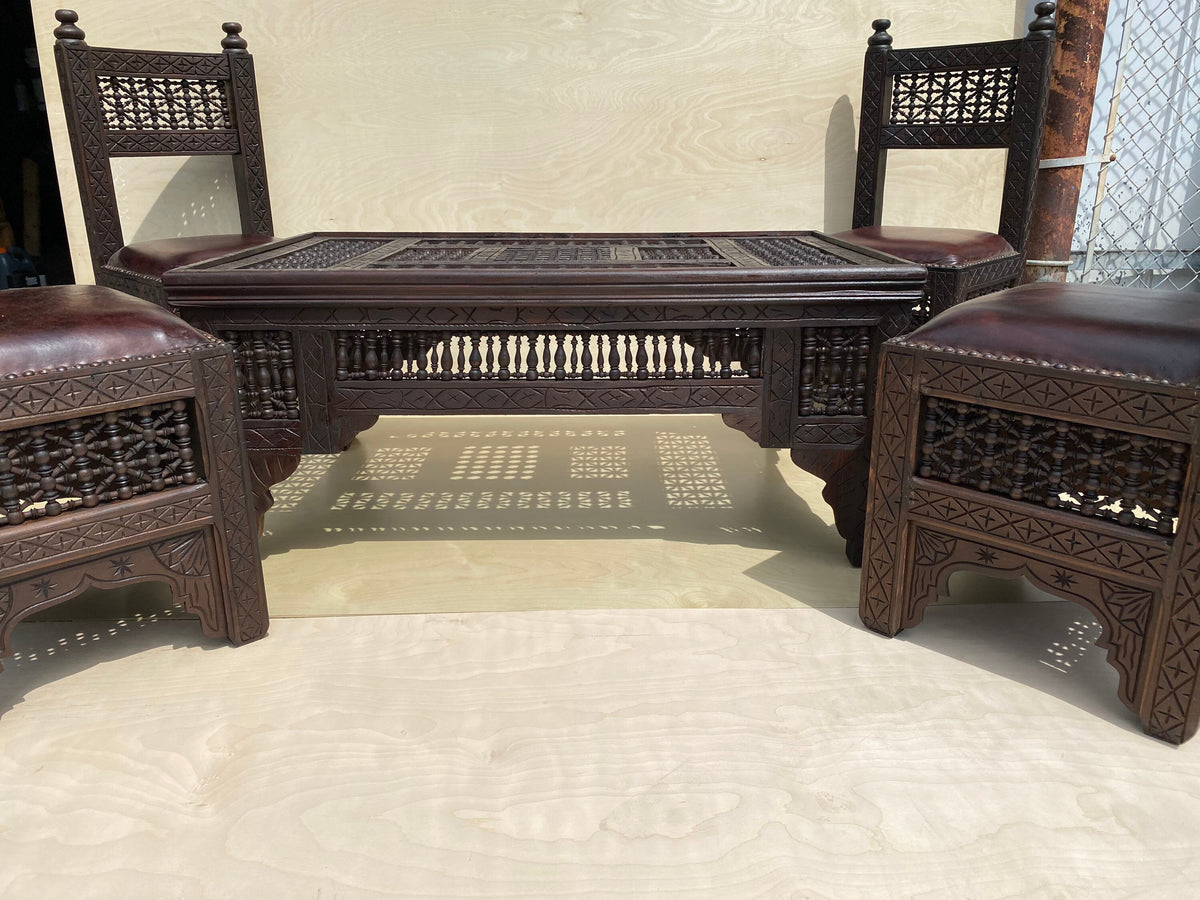 Vintage Moroccan Mousharabia Living Room Set: Wood, Leather, 5-Piece