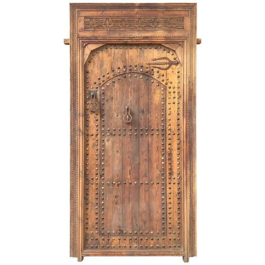 Handmade Vintage Moroccan Cedar Door, Moorish Artwork, Metal Knocker (96x45)