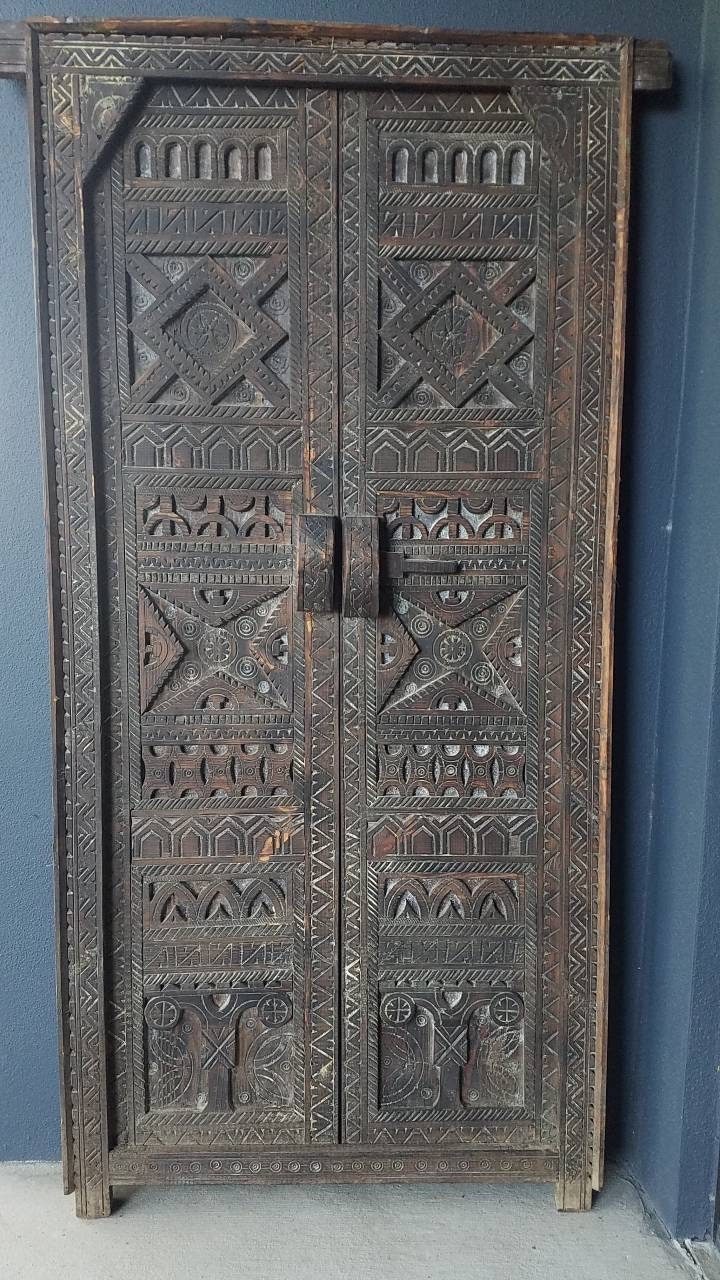 Vintage Carved Cedar Wood Door: Berber Tribal Symbols, 74.5" x 36.5"