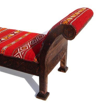 Handmade Carved Wooden Moroccan Kilim Bench, Arabic Decor (76x28 inches)