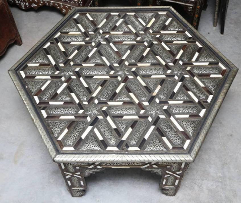 Vintage Moroccan Inlay Table: Bone & Silver, Geometric Artwork