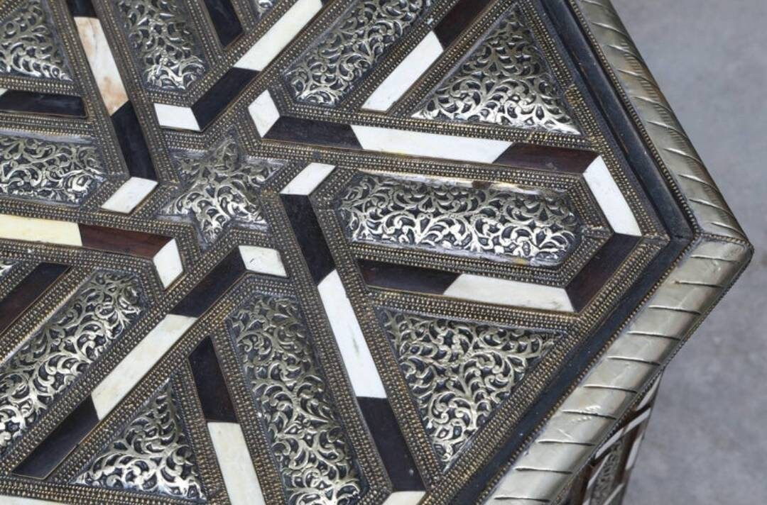 Vintage Moroccan Inlay Table: Bone & Silver, Geometric Artwork