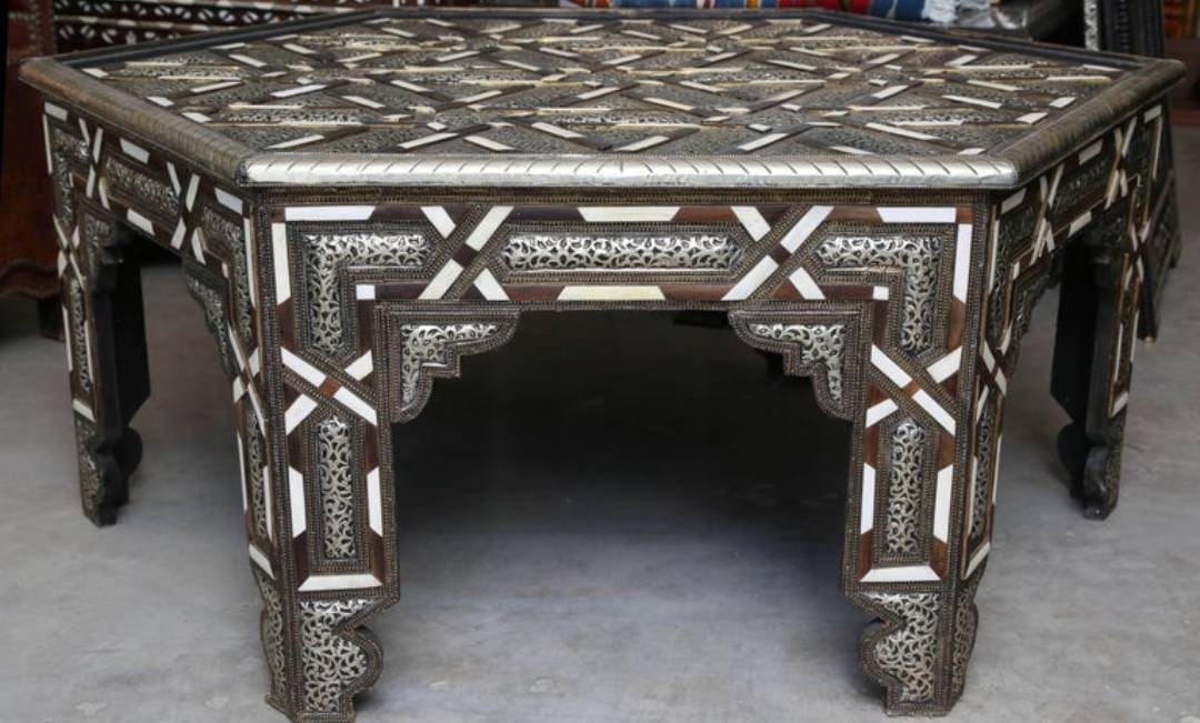 Vintage Moroccan Inlay Table: Bone & Silver, Geometric Artwork