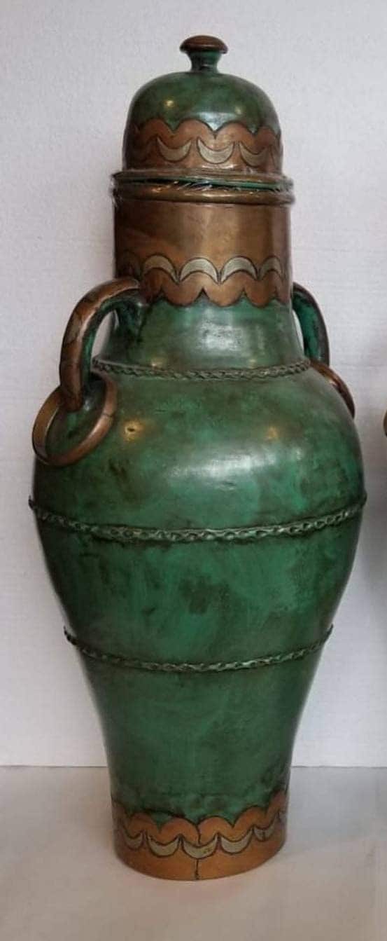 Vintage Moroccan Brass Vase Set, Hand Carved Pottery
