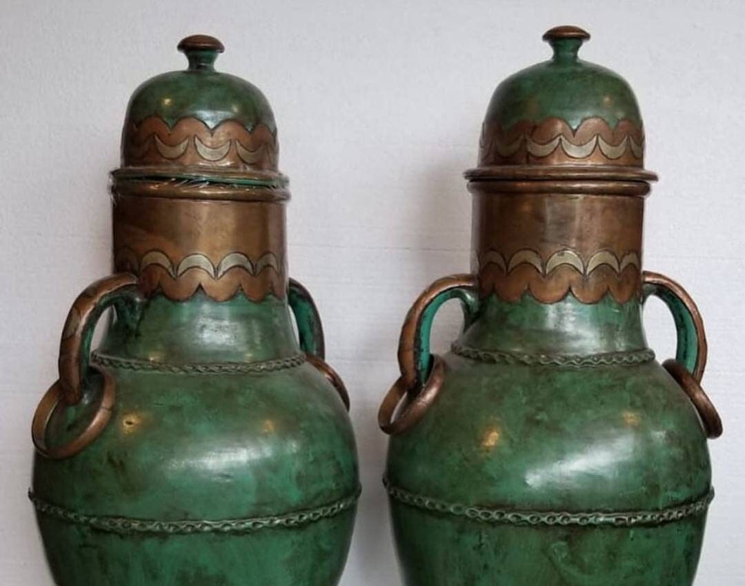 Vintage Moroccan Brass Vase Set, Hand Carved Pottery