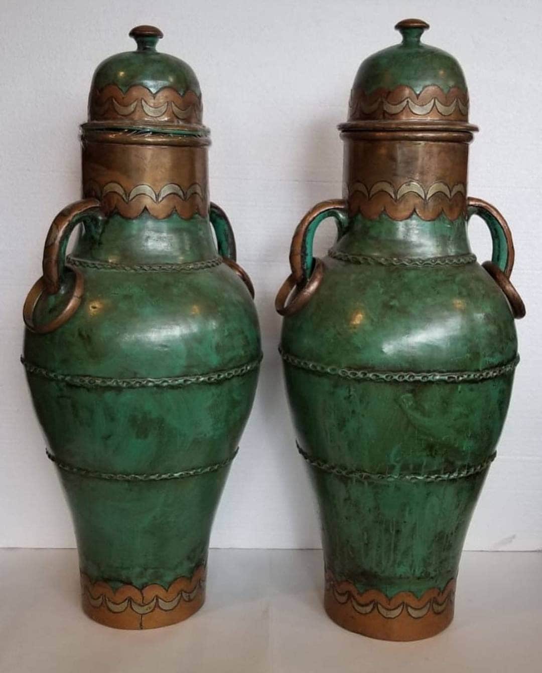 Vintage Moroccan Brass Vase Set, Hand Carved Pottery