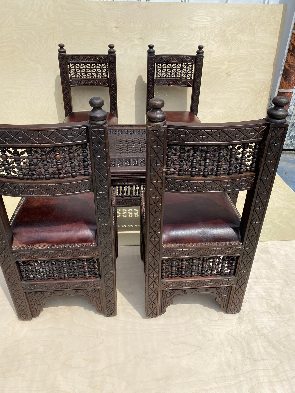 Vintage Moroccan Mousharabia Living Room Set: Wood, Leather, 5-Piece