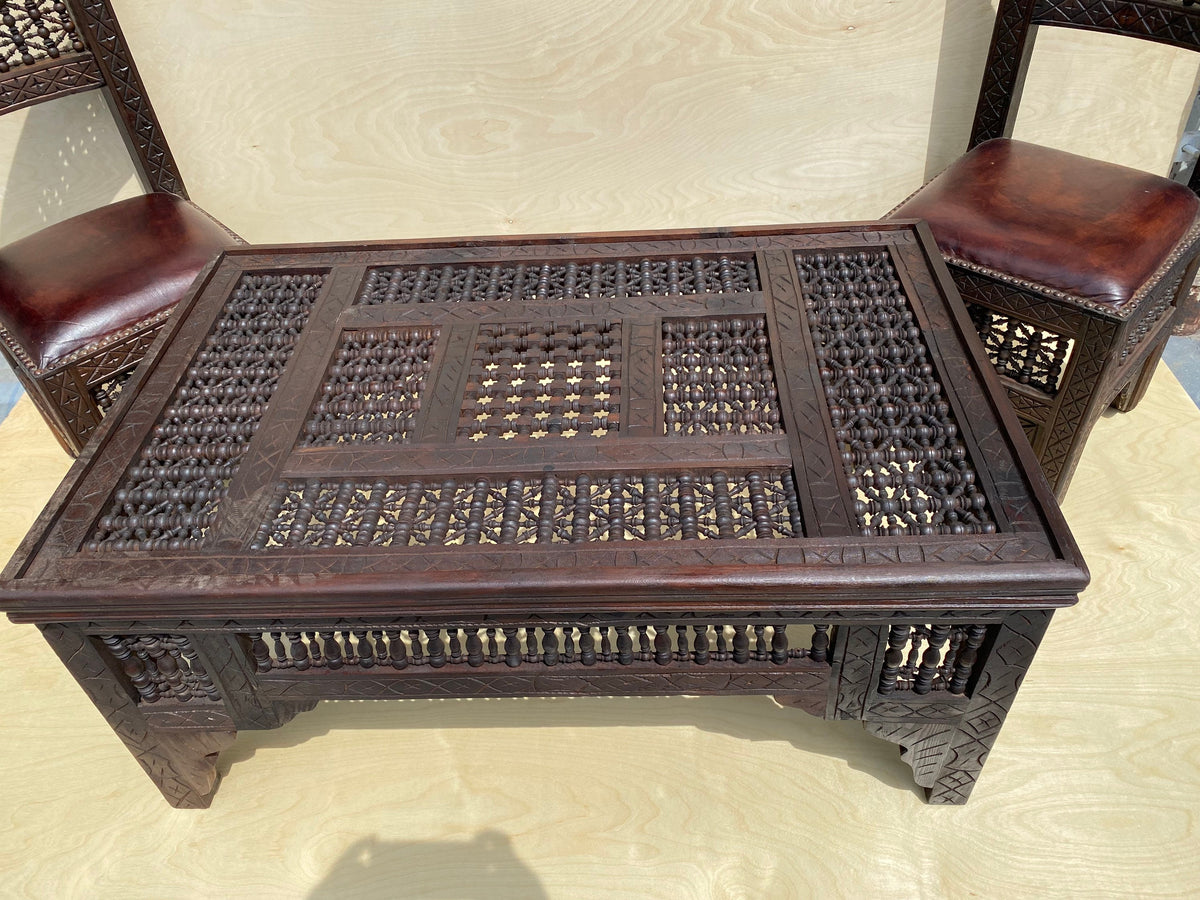 Vintage Moroccan Mousharabia Living Room Set: Wood, Leather, 5-Piece