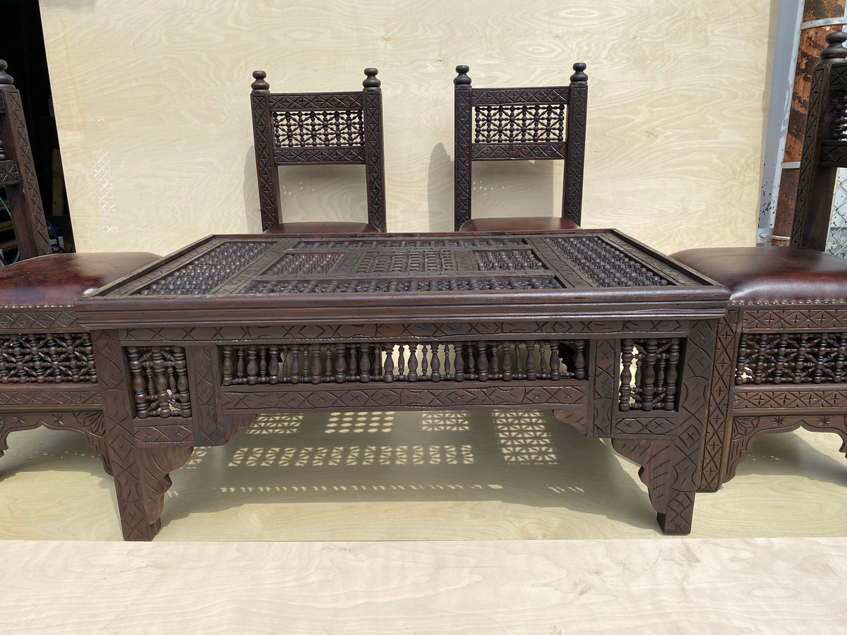 Vintage Moroccan Mousharabia Living Room Set: Wood, Leather, 5-Piece
