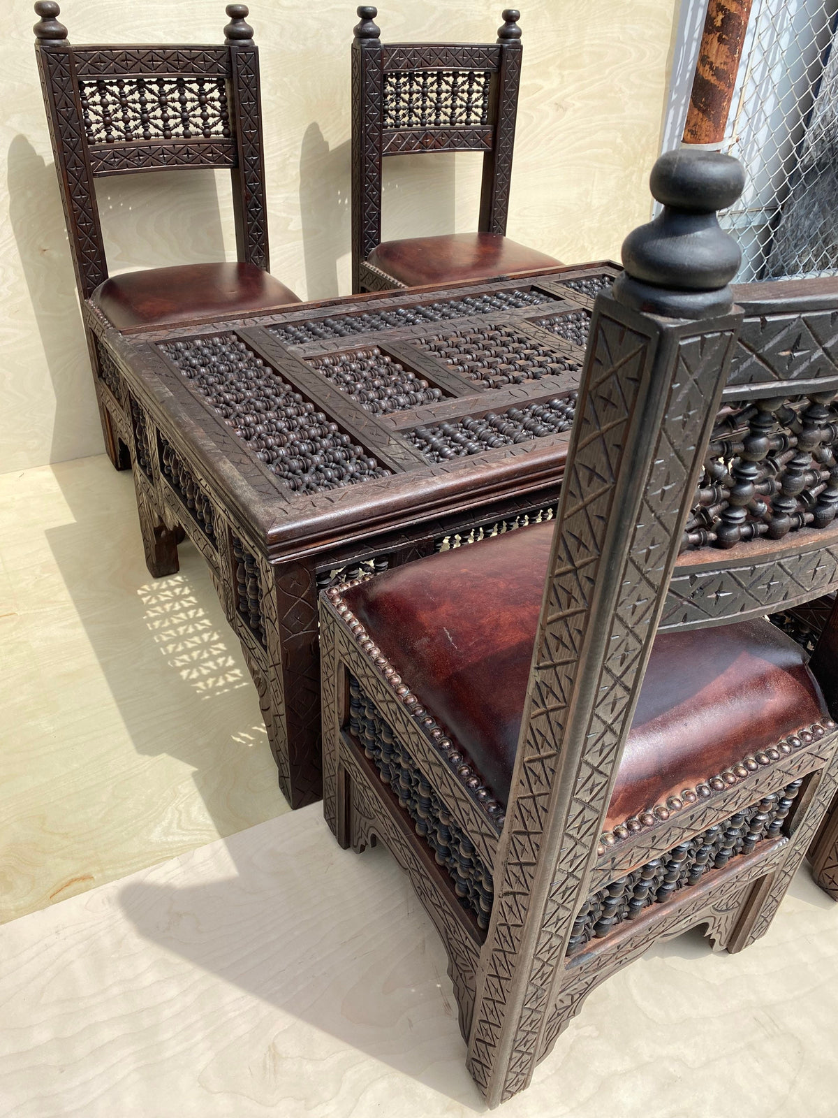 Vintage Moroccan Mousharabia Living Room Set: Wood, Leather, 5-Piece