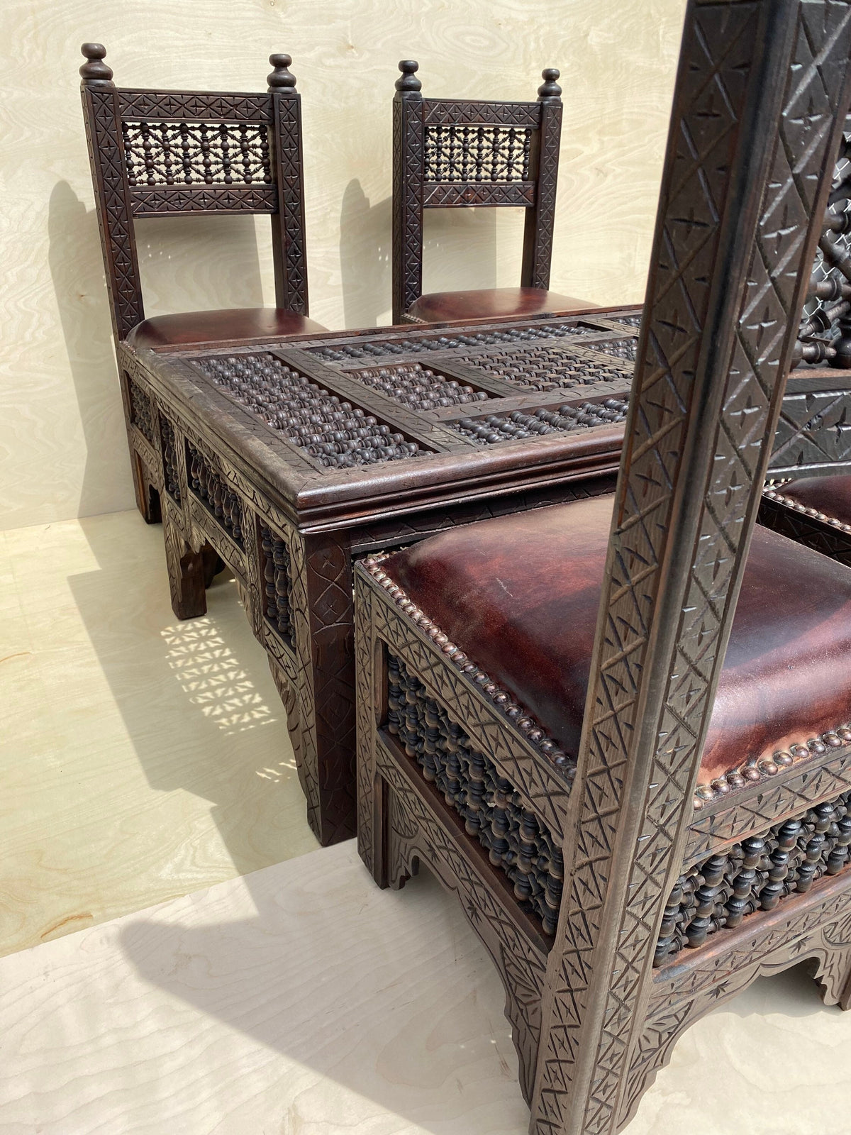 Vintage Moroccan Mousharabia Living Room Set: Wood, Leather, 5-Piece